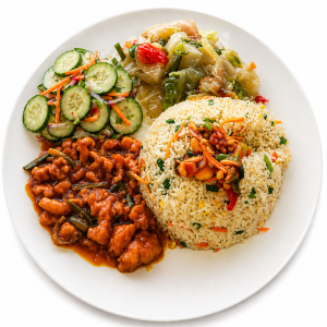 MASALA BEEF WITH CHINESE FRIED RICE & GARLIC VEGETABLE